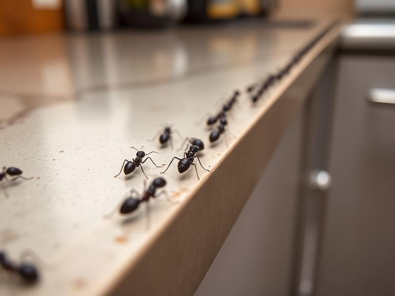 Trail of black ants on a kitchen countertop